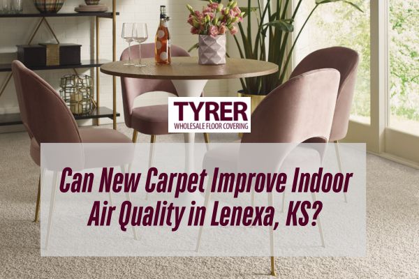 carpet in dining room with a caption Can New Carpet Improve Indoor Air Quality in Lenexa, KS