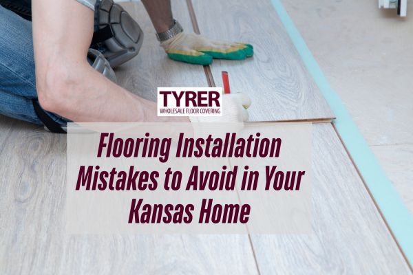 man installing a floor with a caption Flooring Installation Mistakes to Avoid in Your Kansas Home